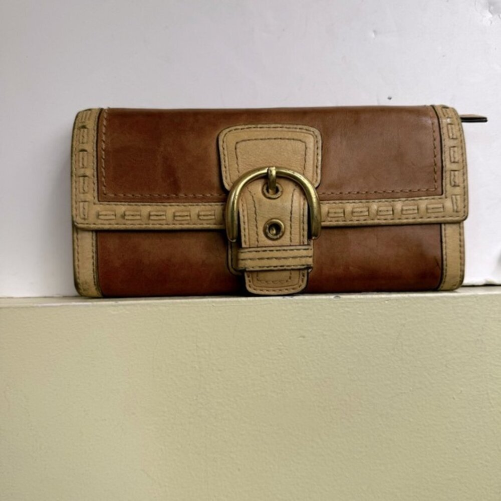 Coach Vintage Soho Leather Wallet Topstitch Neutral Buckle Logo Clutch Organizer - Picture 14 of 16